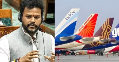 Union Minister Kinjarapu Ram Mohan Naidu speaking to media in Visakhapatnam about aviation sector impact, rising airfares, and infrastructure projects in Andhra Pradesh