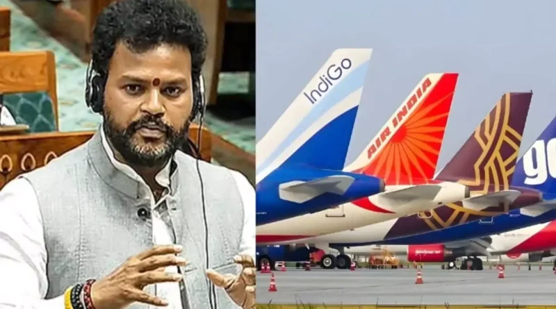 Union Minister Kinjarapu Ram Mohan Naidu speaking to media in Visakhapatnam about aviation sector impact, rising airfares, and infrastructure projects in Andhra Pradesh