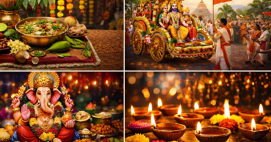 Sri Parabhava Nama Samvatsaram 2026–2027 Hindu festivals collage showing Ugadi pachadi, Sri Rama Navami chariot procession, Ganesh Chaturthi idol and Diwali diyas