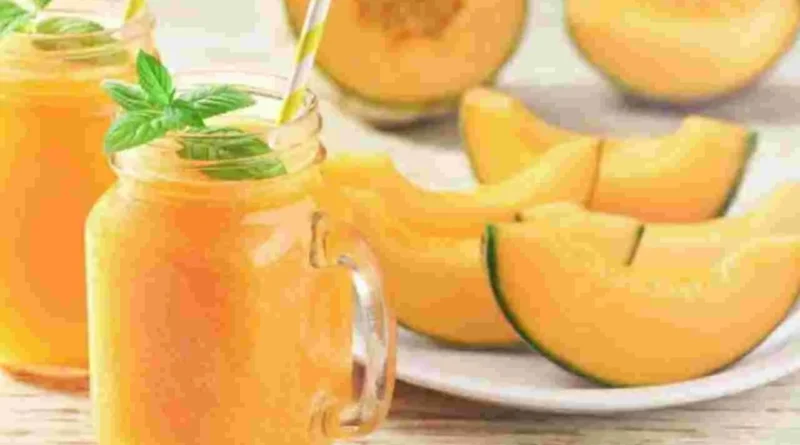 Fresh muskmelon juice in glass with slices, healthy summer drink
