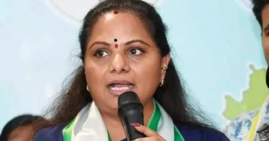 BRS leader Kalvakuntla Kavitha addressing the media, alleging government land irregularities in Telangana and criticizing the state government's handling of public land and water issues.