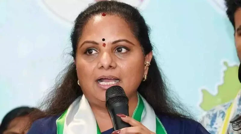BRS leader Kalvakuntla Kavitha addressing the media, alleging government land irregularities in Telangana and criticizing the state government's handling of public land and water issues.