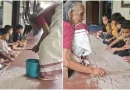 Kerala grandmother teaching English letters to children using sand
