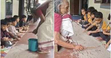 Kerala grandmother teaching English letters to children using sand