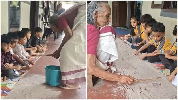 Kerala grandmother teaching English letters to children using sand